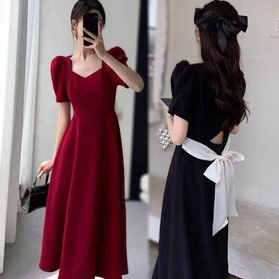Plus Size Women's Summer Bow Back Dress - Waist-Cinching Slim Puff Sleeves Mid-Length Skirt