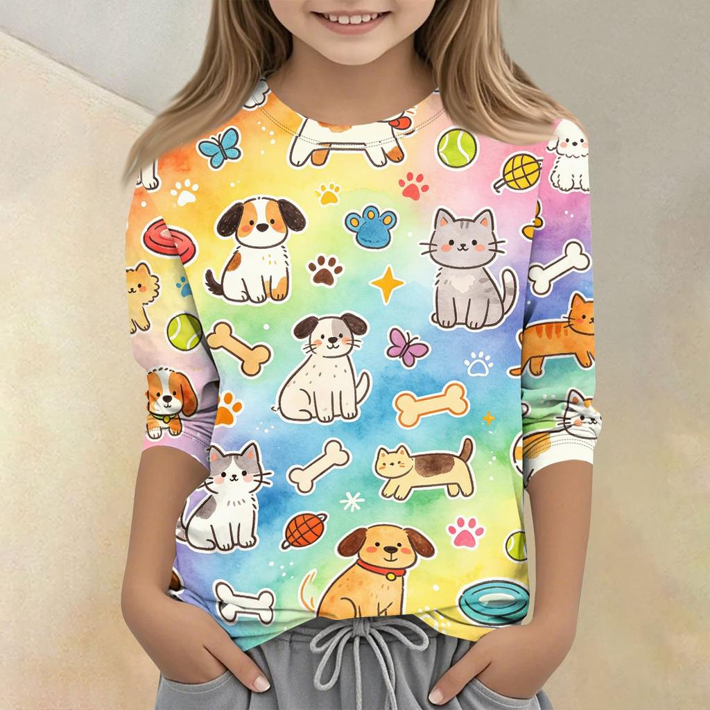 Kinder Tierdruck Rundhals Dreiviertelarm Lässiges T-Shirt Leichter Weicher Stoff Bequeme Passform Geeignet für den Alltag