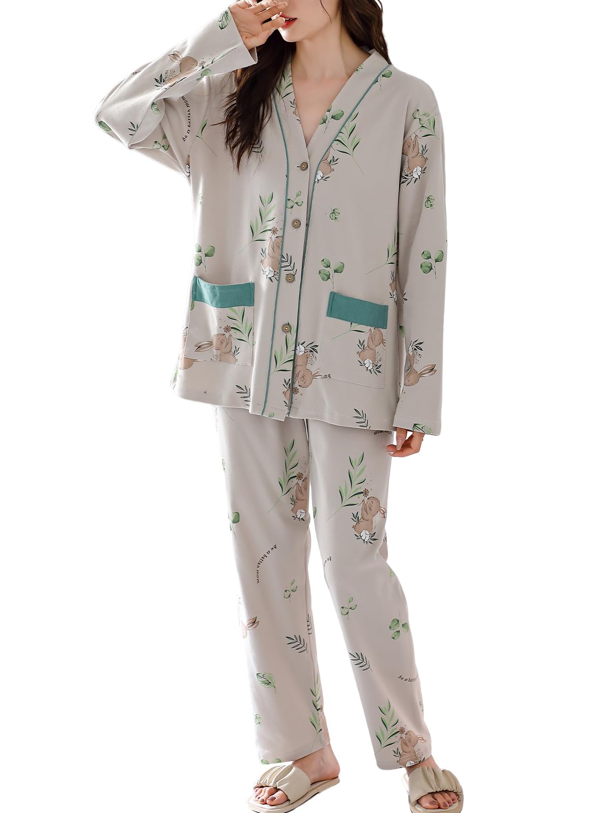 

PHOLEEY Pajama Set with Relaxed Perfect for Spring and Autumn Women s V-Neck Cardigan, Fit,