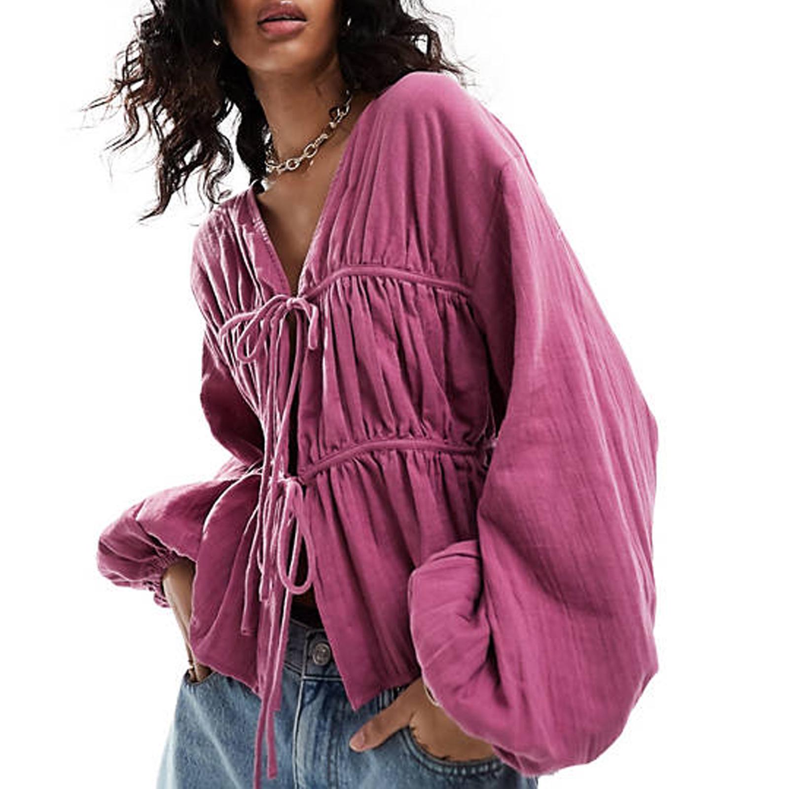 

2024 Women s Summer Ruched Drop Shoulder Long Sleeve Shirt Small рожевий червоний колір