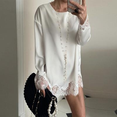 Lace Trim Long Sleeve T-shirt O-Neck Tunic Tops Fashion Beach Robe  Summer Wear