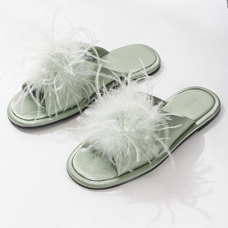 Fashion Feather Decoration Home Slippers Women Sexy Open Toe Cross Tied Flat Slipper Comfortable Light Soft-soled Indoor Slipper