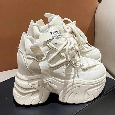 Fashion Women Walking Sneakers Autumn Lace-up High Platform Chunky Shoes Breathable Leather Shoes 10.5CM Winter Wedge Heels Casual Shoes