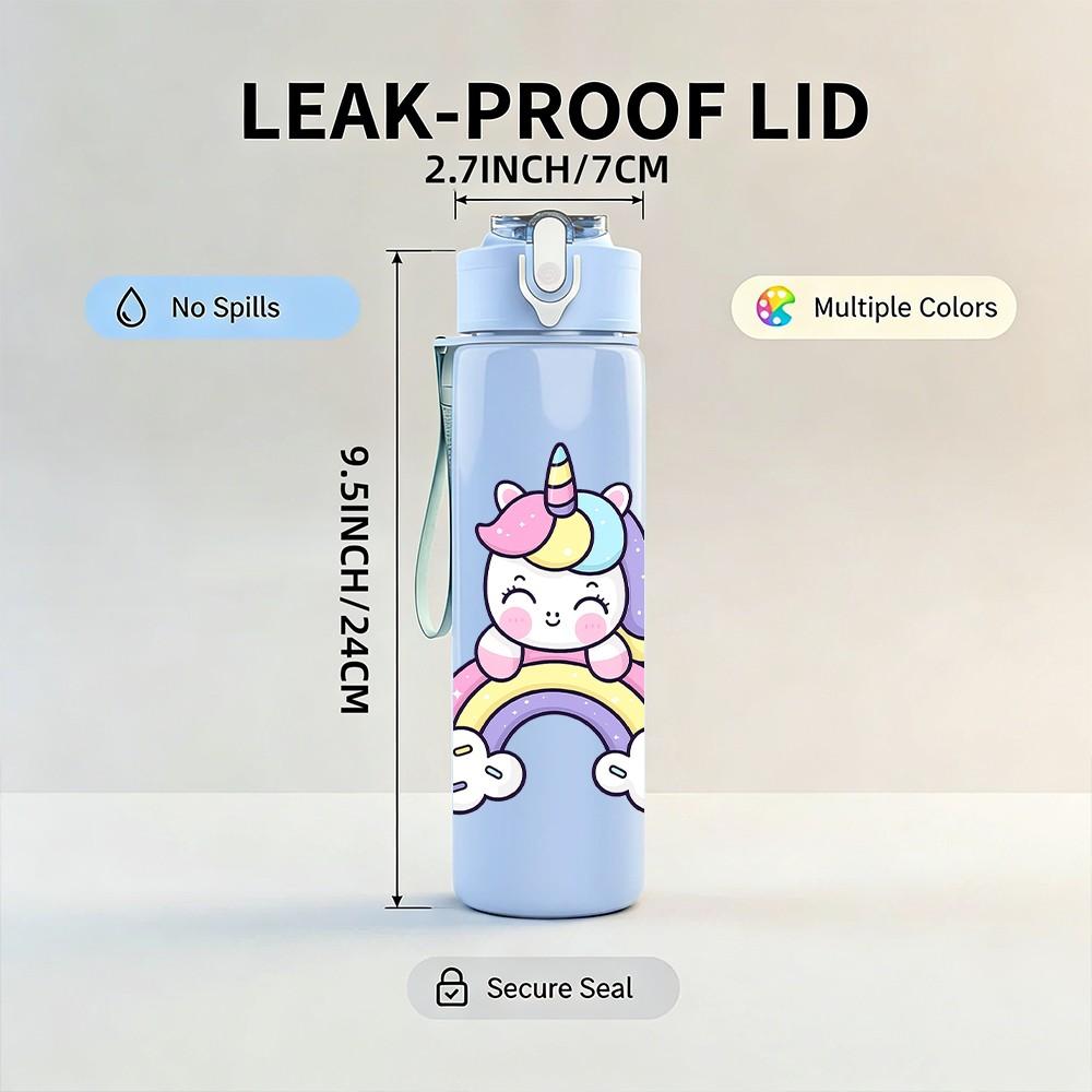 1PC Unicorn Cartoon Pattern 750ml Color Plastic Sports Water Bottle Leakproof Flip Straw Lid Suitable for Sports Office Home Use