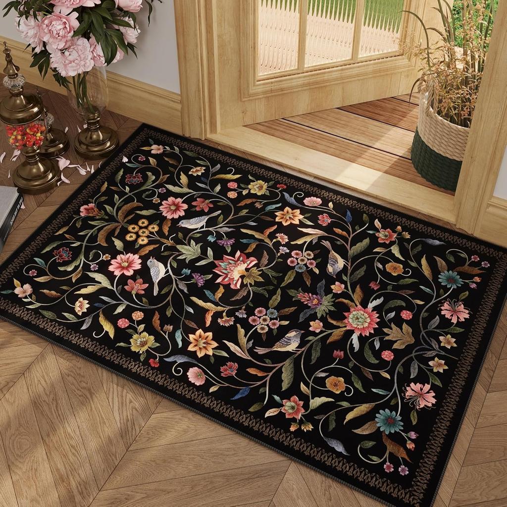 Retro Artistic Floral Bird Pattern Area Rug Boho Ethnic Style Entrance Doormat Bedroom Living Room Kitchen Decor Carpet