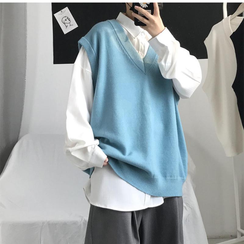 Νέο Μοντέρνο Χοντρό Αμάνικο Γιλέκο με V Λαιμόκοψη Αμάνικο Πουλόβερ Βαμβακερή Σχολική Στολή Βαμβακερό Φαρδύ Πλεκτό Γιλέκο Πουλόβερ Για Άνδρες