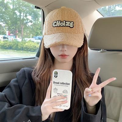 Hat Women's Autumn and Winter Lamb Wool Baseball Cap Wide Brim Versatile Face-showing Small Plush Warm Letter Patch Duck Cap