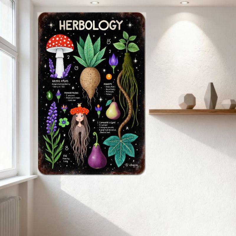 HERBOLOGY Botanical Plants Mushrooms Tin Sign Vintage Whimsical Fantasy Art Poster for Bar Pub Man Cave Home Decor