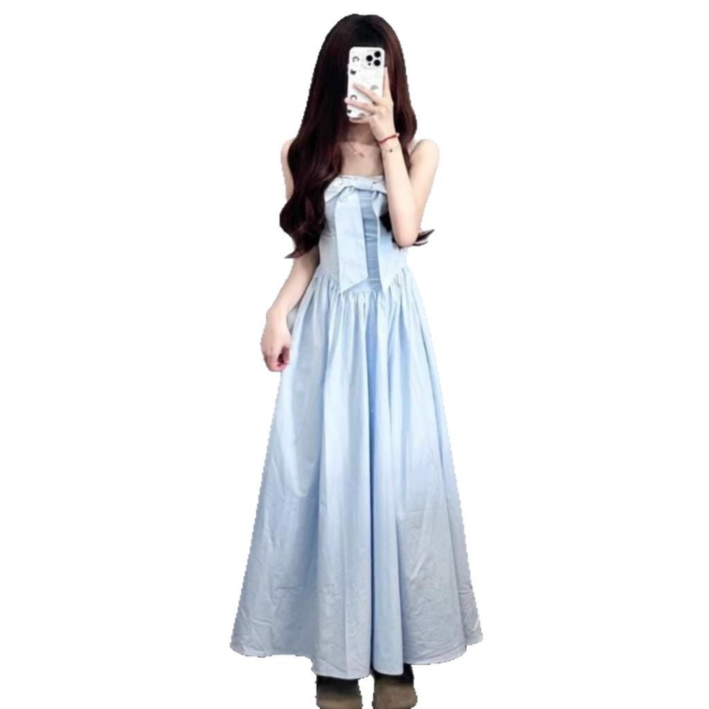 First Love Pure Chic Beautiful Atmosphere Skirt Pure Desire Wind Bow Suspender Dress Temperament Waist Long Dress