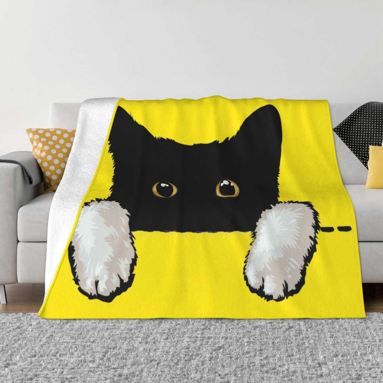 Black Cat White Hands Peeking Soft Warm Light Thin Blanket Peeking Big Eyes Pets Love Black Cat Love Cats Cat Owner I Love My 30x40in