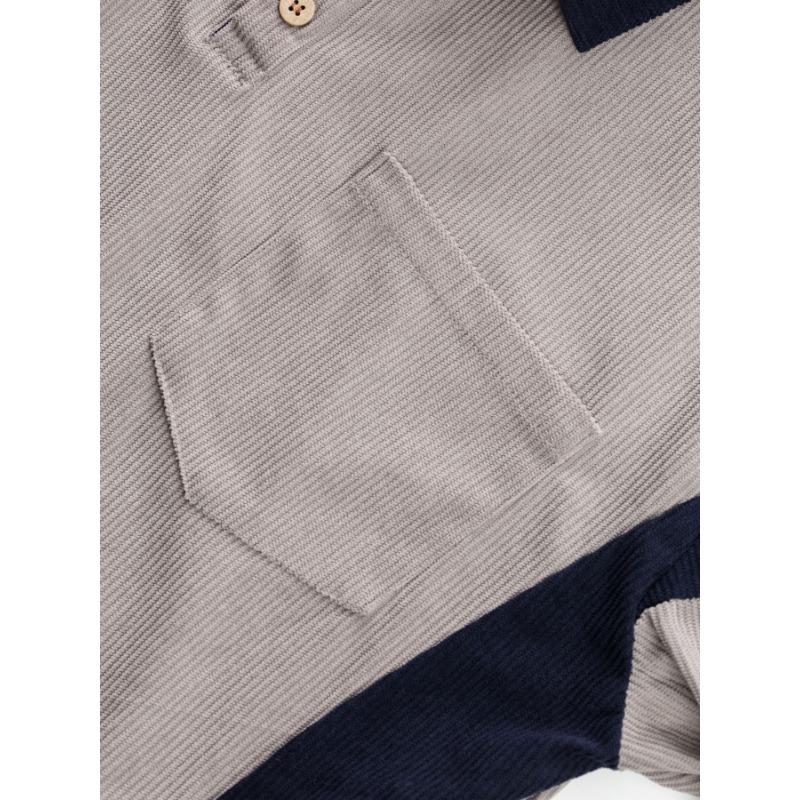 Autumn Winter Casual Texture Corduroy Fabric Contrasting Single Breasted Long Sleeved Men's Fashion Casual POLO Shirt