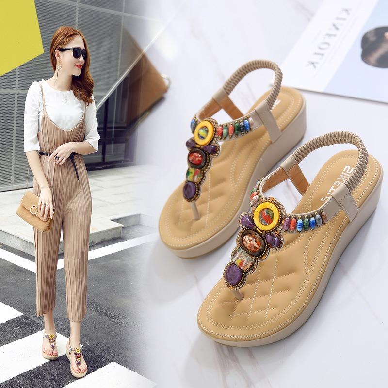 Ethnic Style Sandals Women Beach Bohemian Retro Beaded Slope with Large Size Sandals Drag