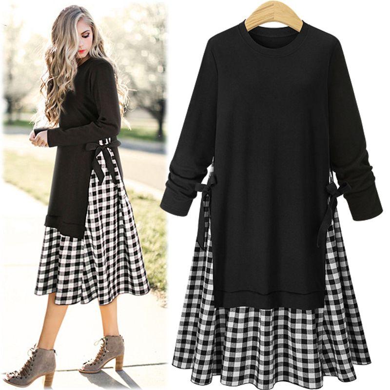 

Fall Winter Fashion European Station New Plus Size Women s round Neck Patchwork Gingham Dress Long Sleeves Long Shirt Black 3XL