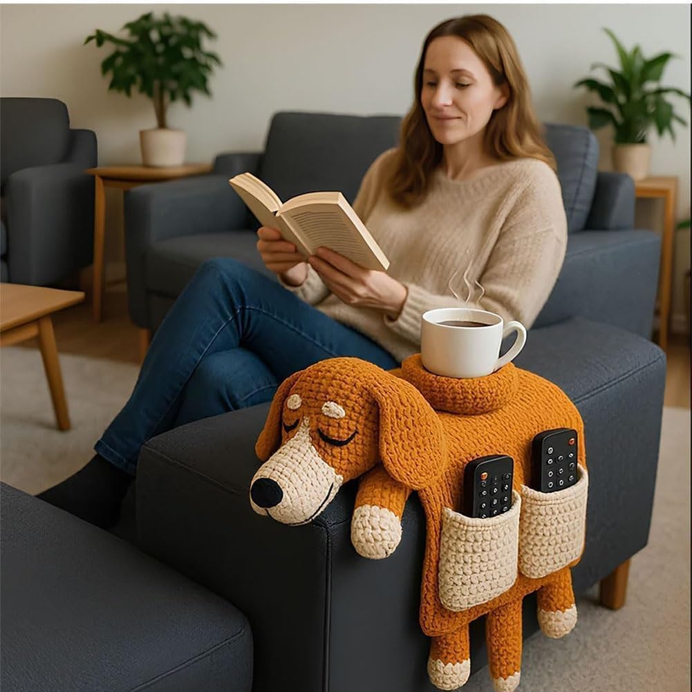 Crochet Cat Sofa Arm Organizer, Crochet Dog Sofa Organizer 2 Pockets and 1 Mug Holder, Remote Control Holder Couch, for Remote, Drink, Snacks, Phone