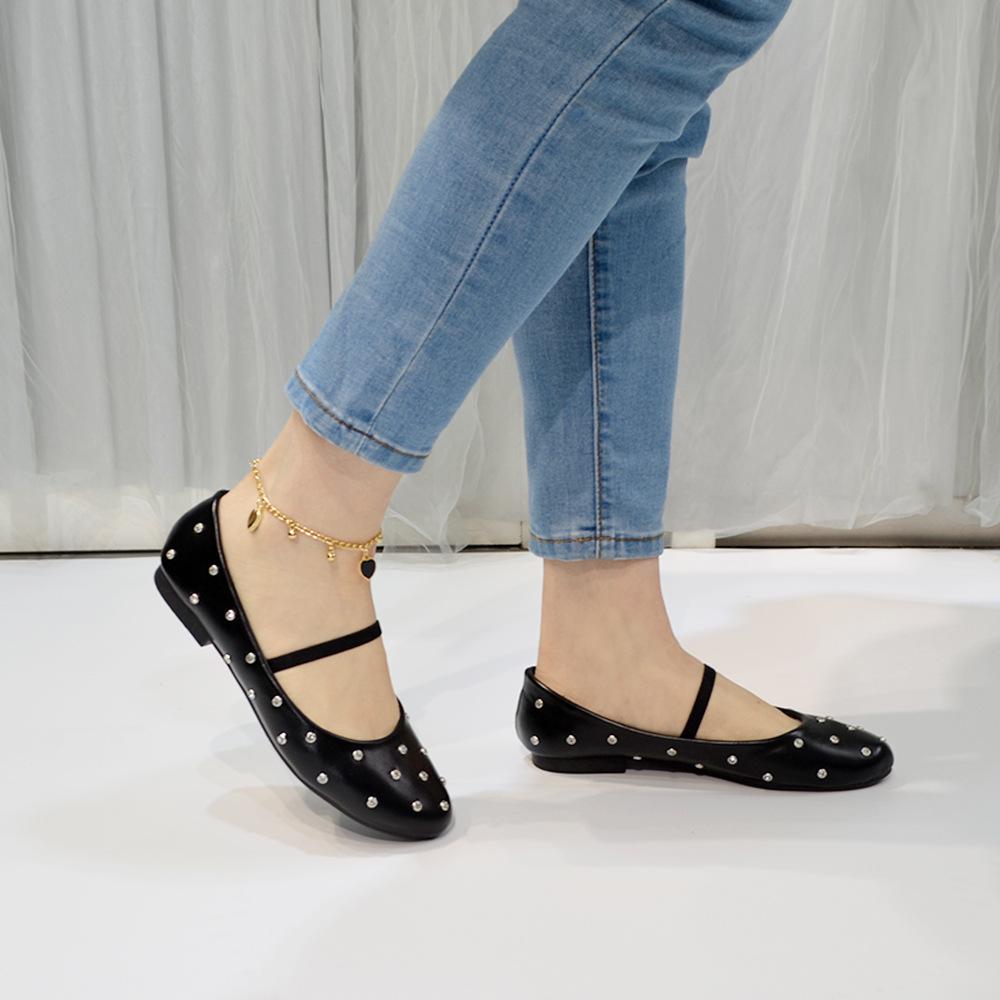 Round head rhinestone Mary Jane single shoes flat comfortable ballet dancing shoes square head shallow mouth single shoes women