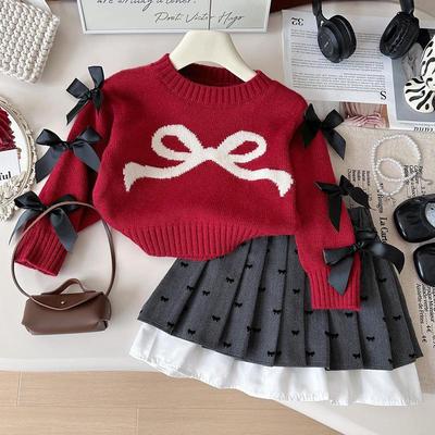 Set due pezzi maglione a maniche lunghe con fiocco primaverile 2025 da bambina e maglieria