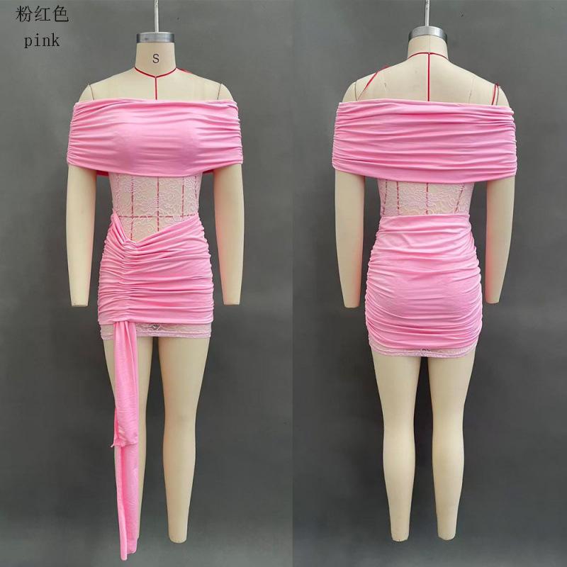 Europe, America, New, Mesh Hollow Splicing Elastic Pleated One-word Collar Tube Top Slim Dress