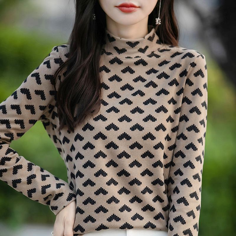 

Женская базовая футболка с полувысоким воротником из немецкого бархата, новая, на весну, осень и зиму, женский термотоп с принтом и длинными рукавами M