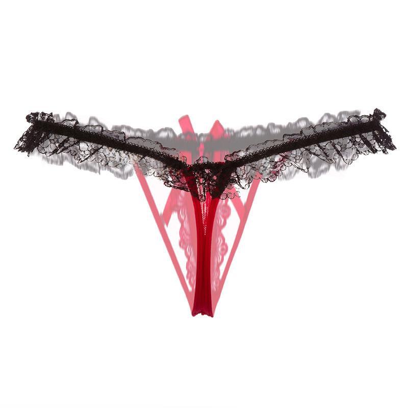 Pearl Massage Open Crotch Lace Thong - Tempting Hollow Transparent Stretch Underwear for Women 2167