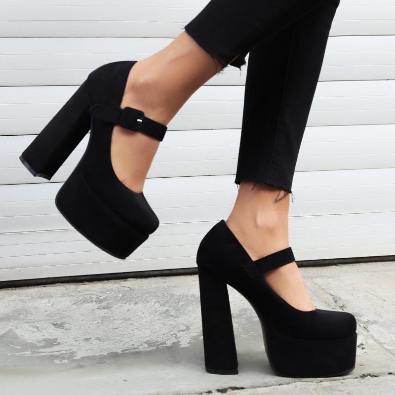 Flock Black Women's Pumps Shoes Sexy Gothic Platform High Heels Ladies Ankle Strap Office Party Dance Fetish Shoes 2025 Spring