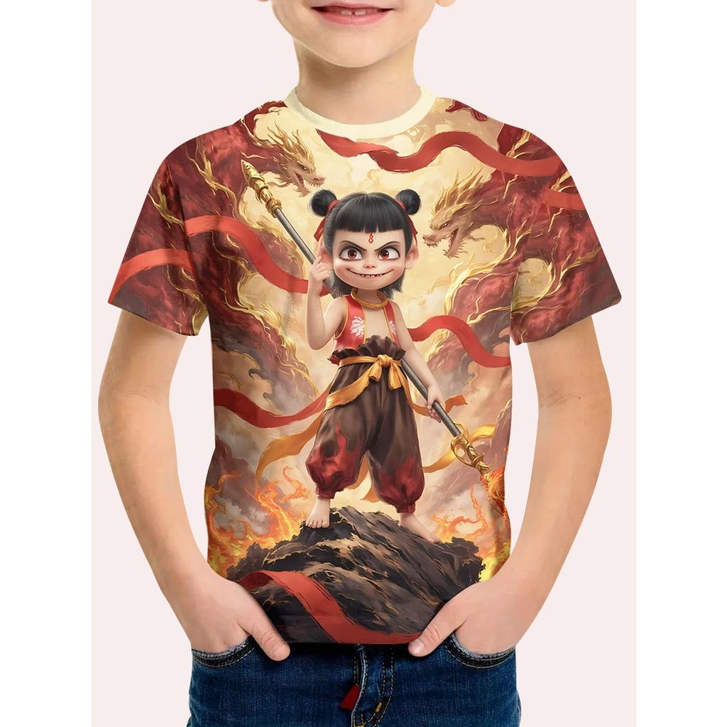 Summer Round Neck Animated Character Nezha 3D Printed Top Fashionable Casual Short Sleeved Children's Boy T-shirts