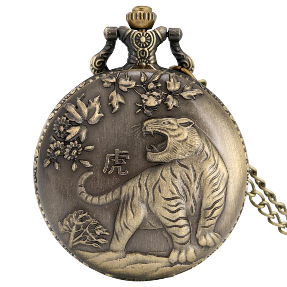 Bronze 12 Zodiac Signs Ancient Tiger Animal Quartz Pocket Watch Antique Chinese Collections Birthday Necklace Gift for Men Women