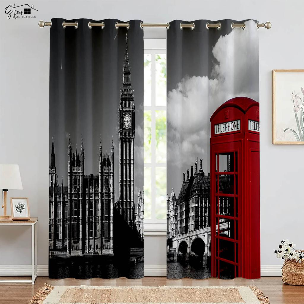 Schwarz-Weiß Stadtgebäude 3D-gedruckte Vorhänge Gebäude Straßenansicht Roter Bus Gelbes Auto Einfache Moderne Dekorative Vorhänge 2 Stück