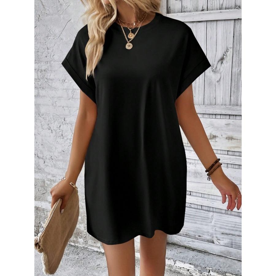 2026 New Women's Spring Summer Solid Color Round Neck Loose Fit Short Sleeve Pocket Casual Beach Dress