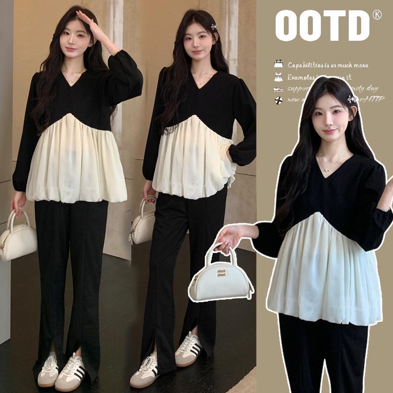 

2026 Spring V-neck Maternity Two-Piece Patchwork Doll Shirt Women s Fashionable Age-Reducing Top XL