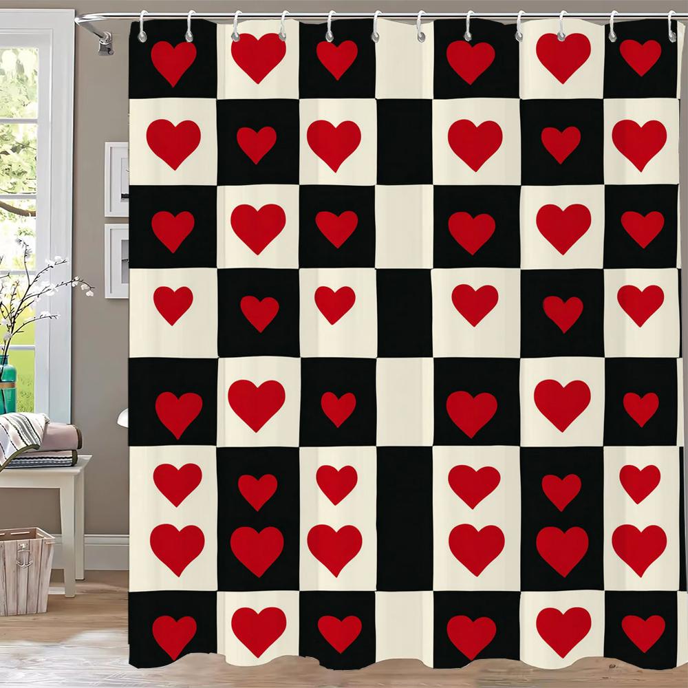 Modern Red Love Pattern Shower Curtain,Lover Printed Polyester Fabric Decorative Bathroom Curtain, Home Curtain with Hooks