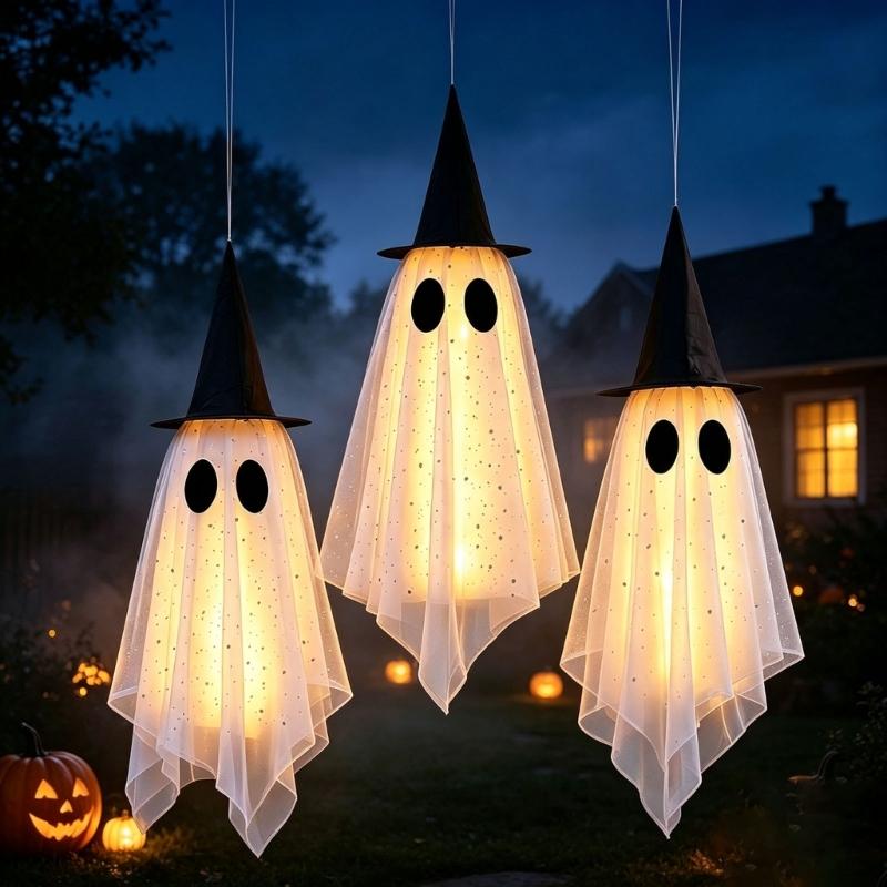 Hanging Spirit Figure Set for Halloween, 3 Fabric Draped Seasonal Accents for Living Room Porch Doorway and Themed Party Display Use