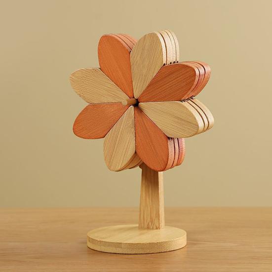 5Pcs/Set Wooden Coasters Set with Stand Pinwheel Shape Changeable Design Heat-resistant Coasters Kitchen Dining Decor
