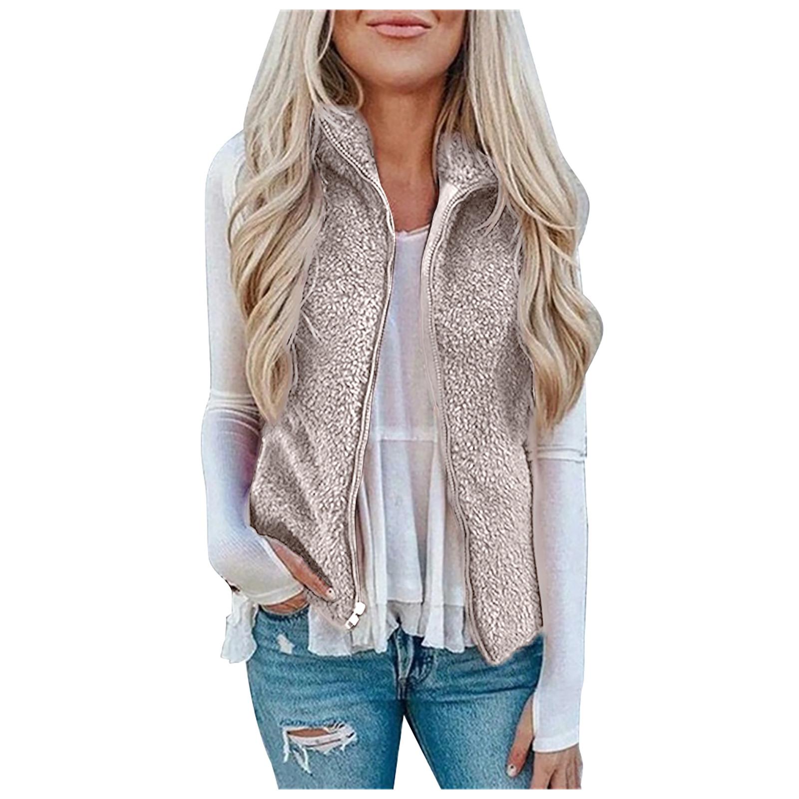 

(SU)Женская карманная молния, однотонная куртка, плюшевый жилет без рукавов с лацканами, свободное пальто