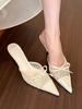 Cold and gentle feeling! Lace pointed head bow high heels women's sexy bag head half slippers