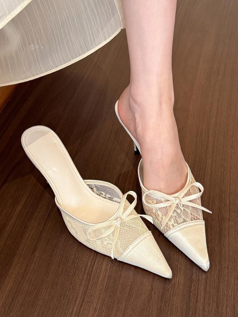 Cold and gentle feeling! Lace pointed head bow high heels women's sexy bag head half slippers