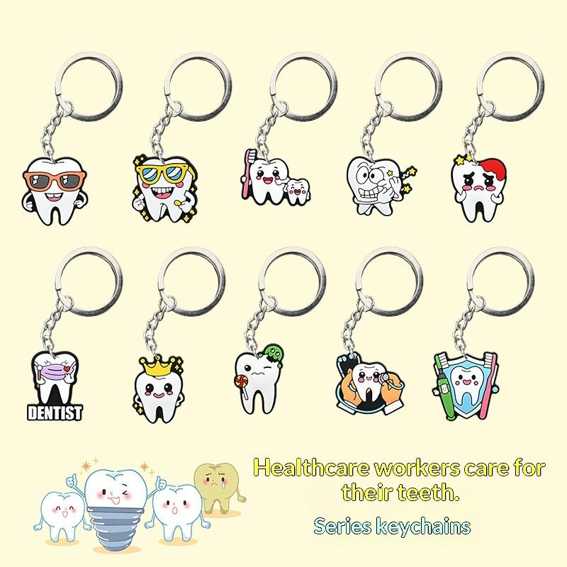 10Pcs Cartoon Dental Tooth Shape Model Simulation Keychain Keyring Dental Clinic Gift Kids Pendant