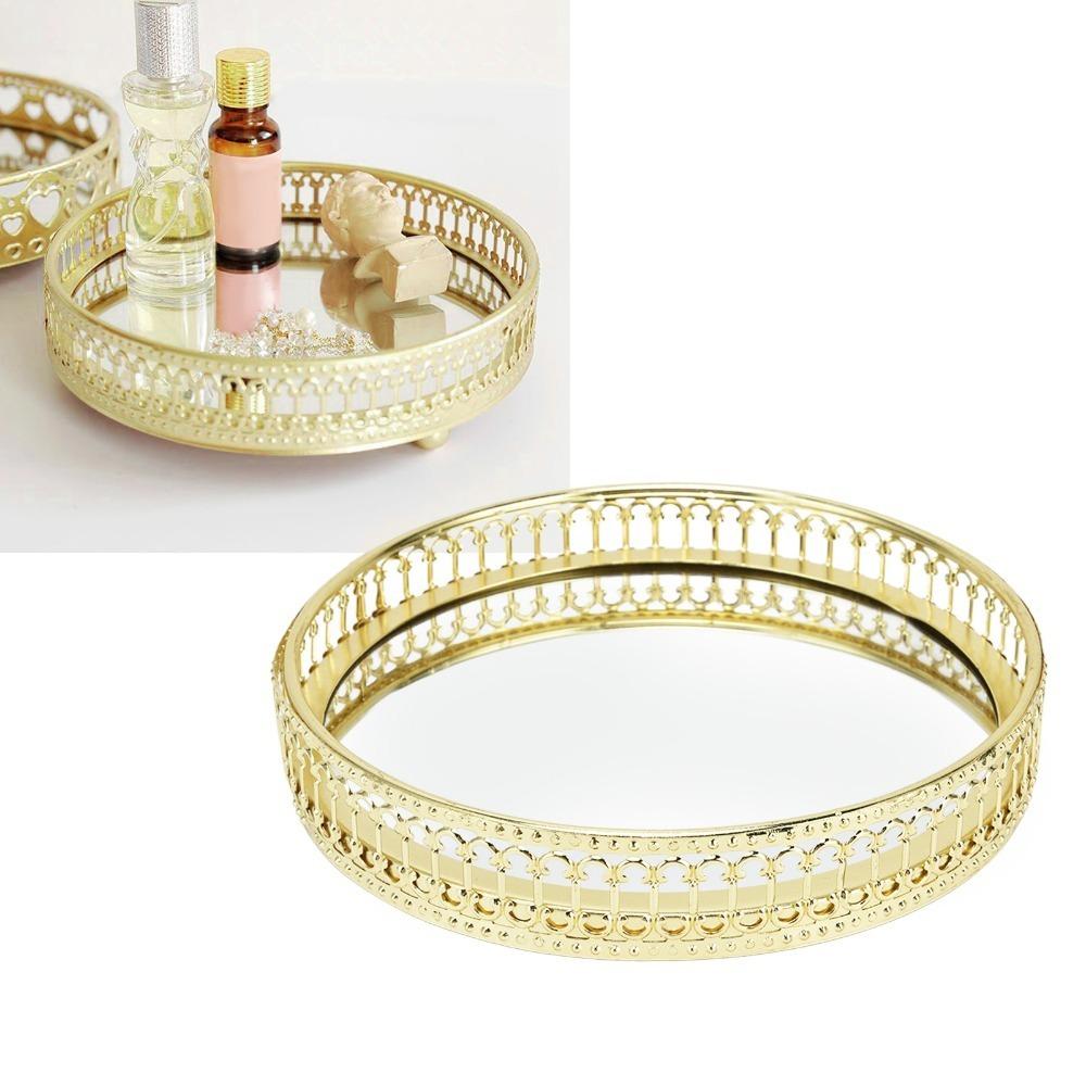Nordic Style Mirror Tray Vertical Grain Texture Dressing Table Organizer Round Tray Makeup Storage