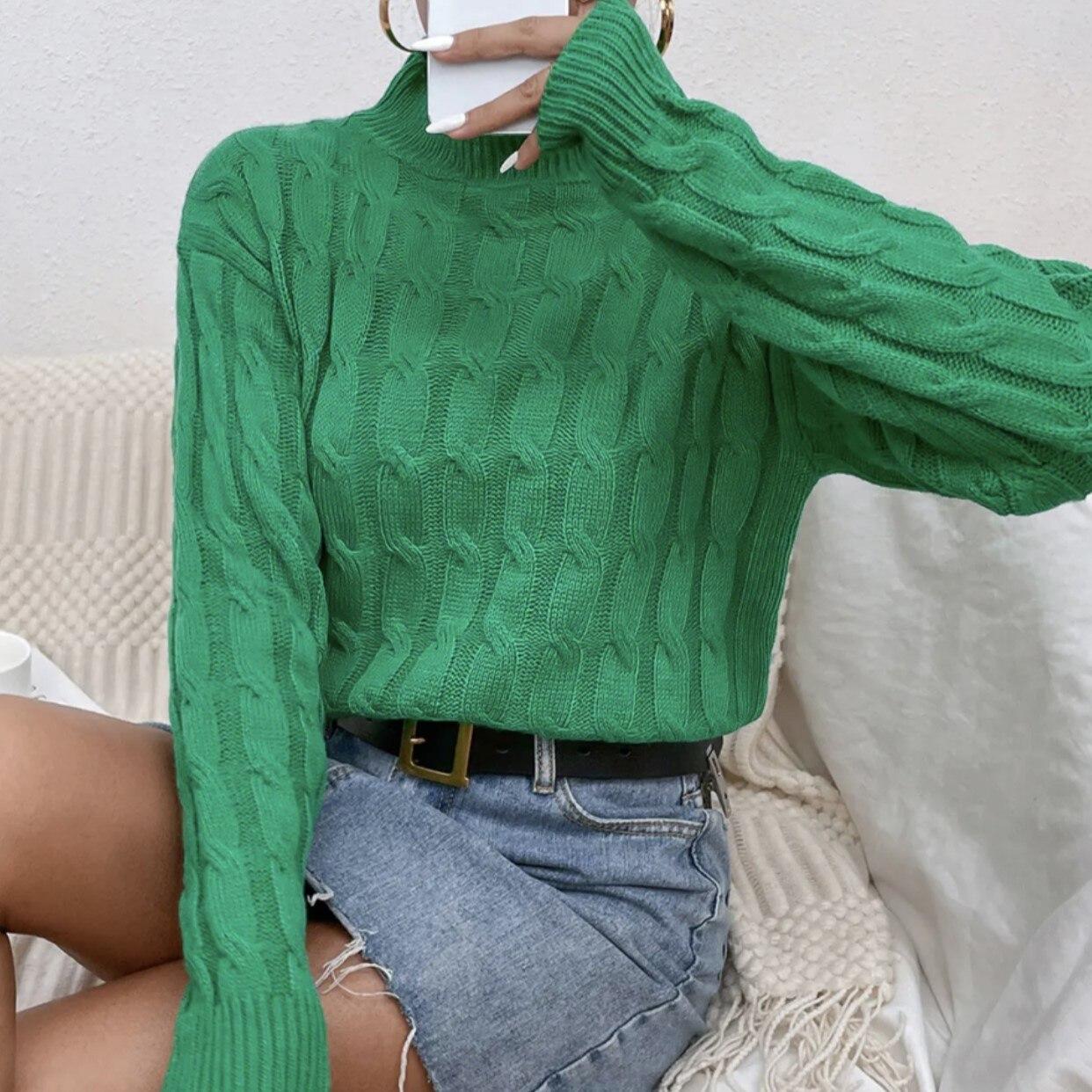 

Осень-зима, пуловеры с полувысоким воротником, модный свитер, однотонный зеленый свитер, повседневные свободные топы, женская одежда 28487 L зелёный