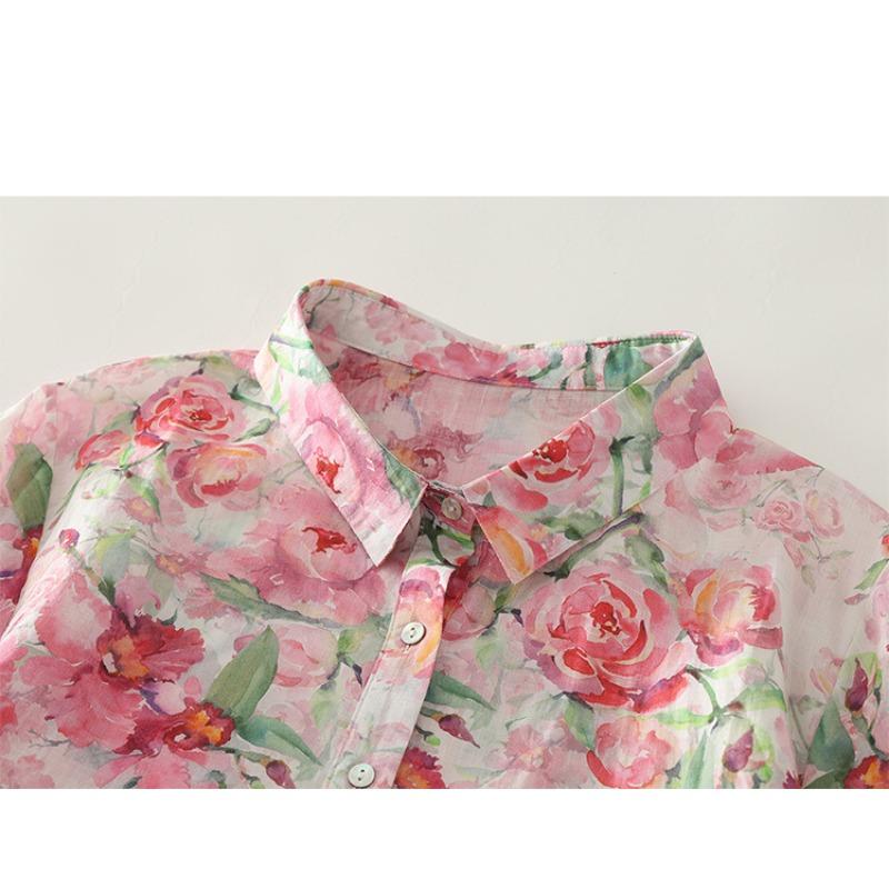 Damen Lapel Kragen Kurzarm Aquarell Rose Blumendruck Dünn Ramie Knopfleiste Bluse