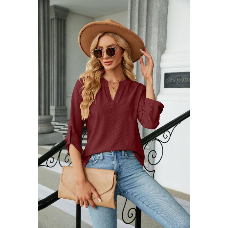 Damen Unifarben V-Ausschnitt Dreiviertelarm Locker Lässig T-Shirt Top