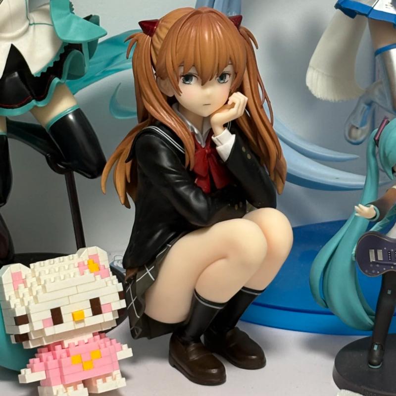 New Century Evangelion Asuka Anime Action Doll Model Computer Desktop Decoration Kawaii Squatting Pvc Model Toy Doll Collectible