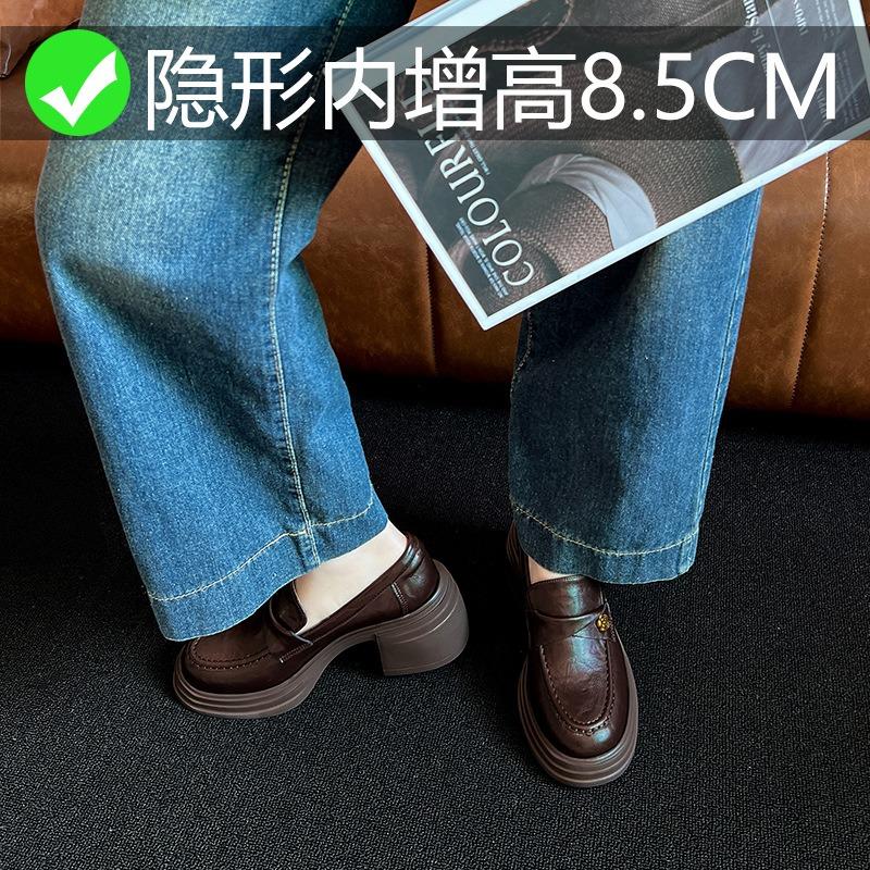 Women's spring new versatile one-pedal thick heel inner height increase small leather shoes buckle camellia single shoes women