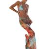 Print Neckholder Netz langes Kleid Zweiteiliger Bikini Mit Metall-Accessoires Mode Für Den Urlaub