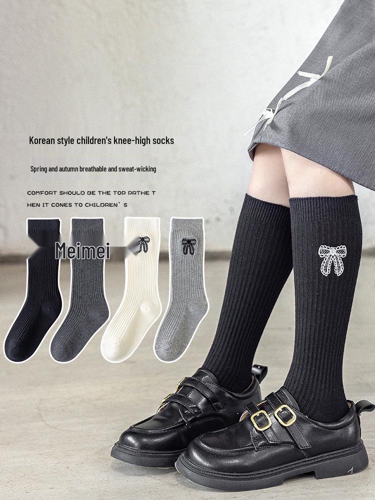 Girls' Calf Socks with Embroidered Bows - Spring/Autumn Cotton Long Socks for Children