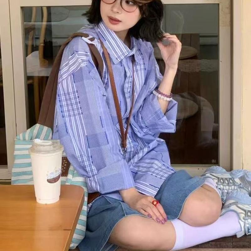 Blue Plaid Shirt for Women Loose College Style Long Sleeved Blouses Japanese Turn-down Collar Female's Versatile Shirts