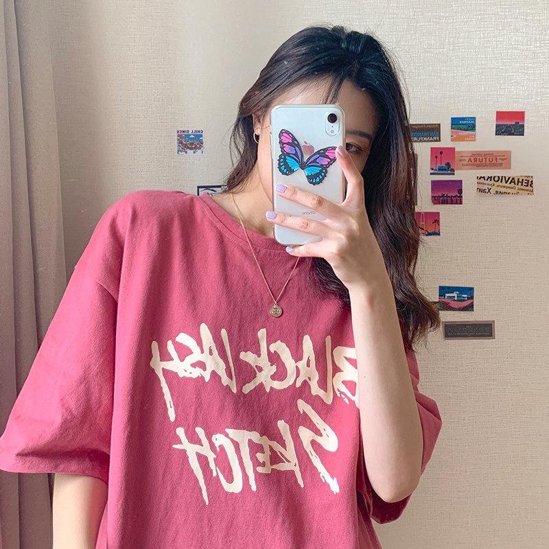 748 #200g pure cotton new spring and summer medium and long loose large size fat MM short-sleeved t-shirt women