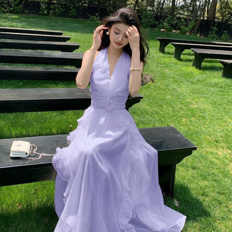 Sleeveless Collar Neck Gentle Temperament Fungus Edge Backless Dress Beach Dress
