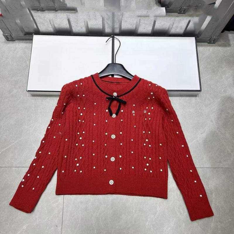 2025 Winter Heavy Duty Nail Drill Embroidery Chinese New Year Red Knitted Cardigan Top