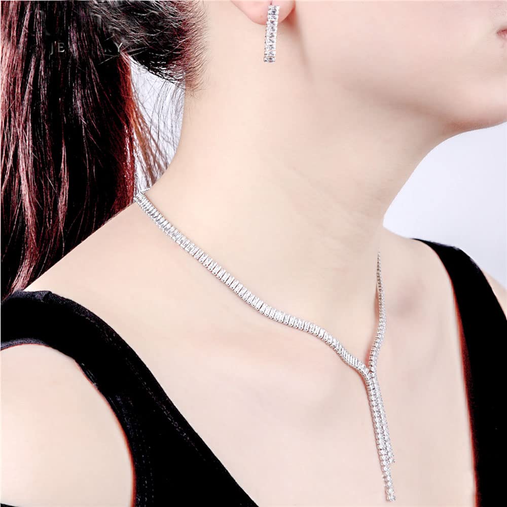 [NEOGLORY] JEWELRY Necklace & Earrings 2-Piece Set, High-Quality Bridal Cubic Zirconia, Y-Shape, Simple, Dangle, with Jewelry Box (NEOGLORY) (Type C)