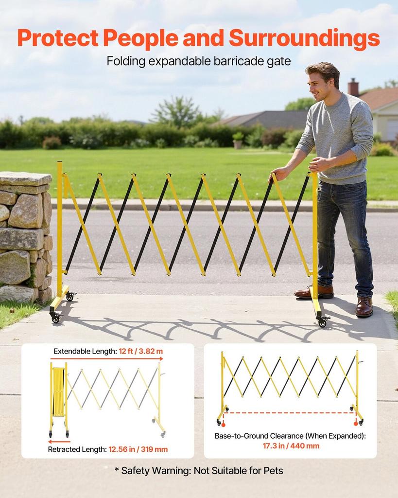 Industrial Expandable Barricade, 3.82m Expandable Safety Barrier, Flaxible Mobile Barricade with Locking Casters, Portable Folding Security Gate